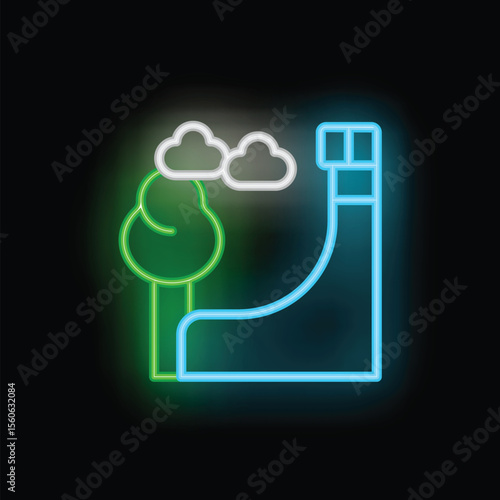 Neon sign illuminating a skate park ramp with a tree and clouds in the background