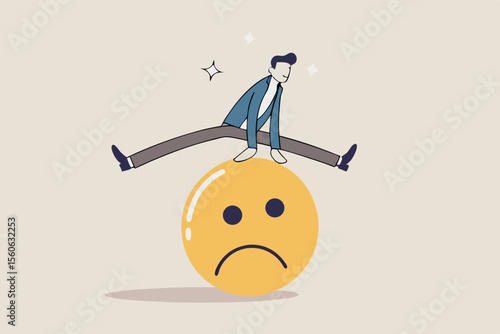 Overcome stress and anxiety, emotional problem, uncertainty or worried about work, depression or mental illness, sad and stressful concept, businessman jump over sad and negative emotion face.