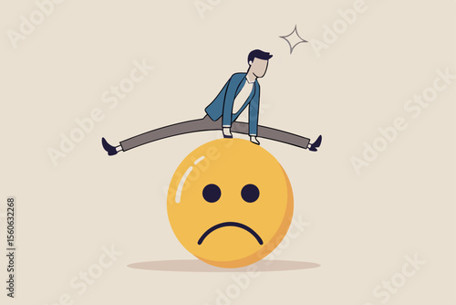 Overcome stress and anxiety, emotional problem, uncertainty or worried about work, depression or mental illness, sad and stressful concept, businessman jump over sad and negative emotion face.