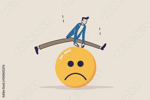 Overcome stress and anxiety, emotional problem, uncertainty or worried about work, depression or mental illness, sad and stressful concept, businessman jump over sad and negative emotion face.