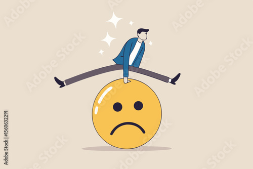 Overcome stress and anxiety, emotional problem, uncertainty or worried about work, depression or mental illness, sad and stressful concept, businessman jump over sad and negative emotion face.