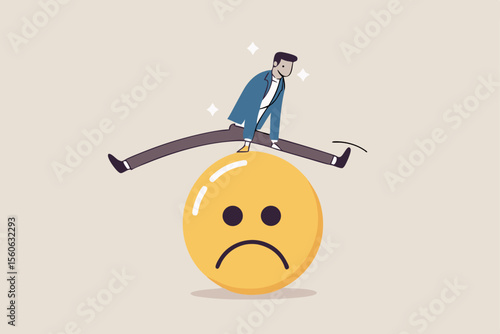 Overcome stress and anxiety, emotional problem, uncertainty or worried about work, depression or mental illness, sad and stressful concept, businessman jump over sad and negative emotion face.