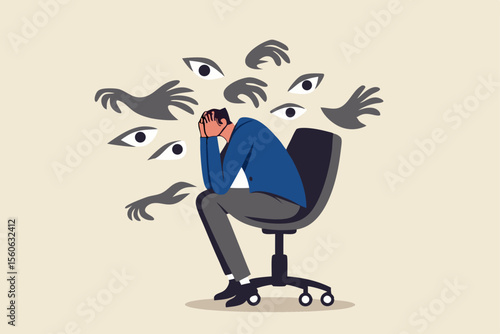 Paranoia, fear and panic cause by mental health, phobia or disorder from mental disorder, depression from stress and anxiety concept, paranoia businessman sitting on a chair with creepy hand and eyes.