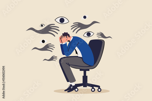 Paranoia, fear and panic cause by mental health, phobia or disorder from mental disorder, depression from stress and anxiety concept, paranoia businessman sitting on a chair with creepy hand and eyes.