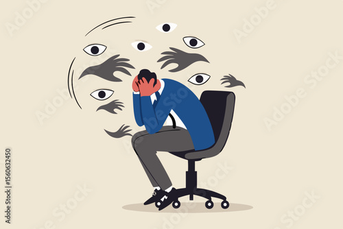 Paranoia, fear and panic cause by mental health, phobia or disorder from mental disorder, depression from stress and anxiety concept, paranoia businessman sitting on a chair with creepy hand and eyes.