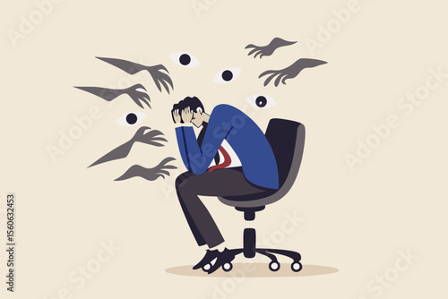Paranoia, fear and panic cause by mental health, phobia or disorder from mental disorder, depression from stress and anxiety concept, paranoia businessman sitting on a chair with creepy hand and eyes.