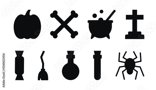 set of black silhouette halloween scary and cute flat icons. collection of halloween elements made made of geometric shapes.	