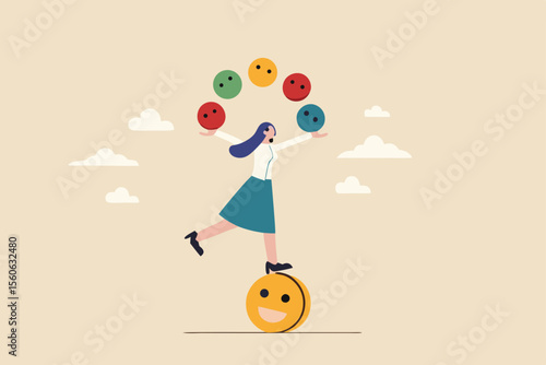 Emotional intelligence, control feeling or emotion, psychology to be success or balance of anxiety and happiness concept, cheerful woman balance on smiling face juggling expression emotional faces.