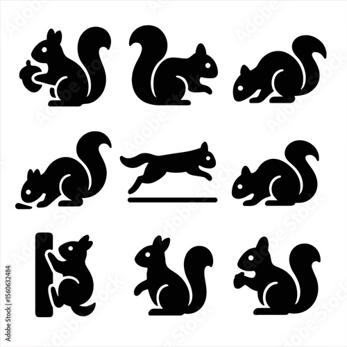 Squirrel Icon Grid. Solid, filled icon set of squirrel close-up actions: squirrel holding acorn, tail raised, sniffing ground,