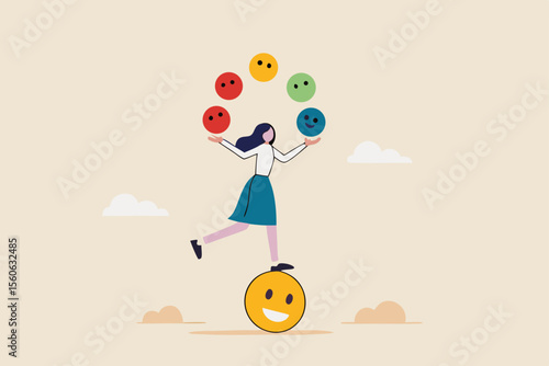 Emotional intelligence, control feeling or emotion, psychology to be success or balance of anxiety and happiness concept, cheerful woman balance on smiling face juggling expression emotional faces.