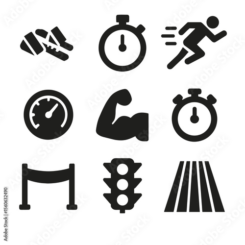 Sprint Training Icons. Solid, filled icon set of sprint training: starting blocks, stopwatch, sprint runner, speedometer, muscle