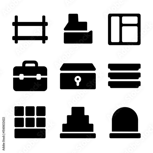 Storage Solutions Icons. Solid, filled icon set of storage solutions: wall-mounted shelf, tabletop organizer, drawer insert,