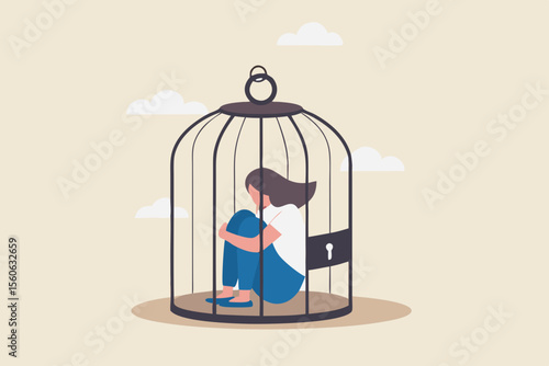 Stuck or trapped, fixed mindset or metal illness problem, anxiety or depression, solitude and loneliness, fear to get outside concept, depressed woman lock herself sit inside birdcage.