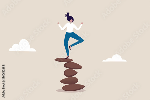 Harmony, balance or meditation, mindfulness relaxation for life wellness, zen or spiritual therapy, focus or concentration concept, calm young woman meditate in yoga pose and balance on rock stack.