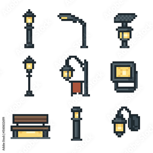 Street Lighting Icons. Pixel art icon set of street lighting fixtures: traditional lamppost, LED streetlight, solar bollard lamp,