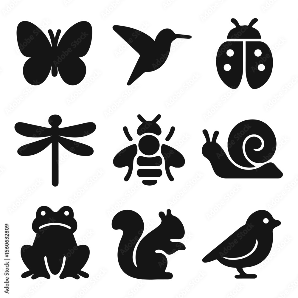 Fototapeta premium Summer Garden Wildlife Icons. Solid, filled icon set of summer garden wildlife: butterfly, hummingbird, ladybug, dragonfly, bee,