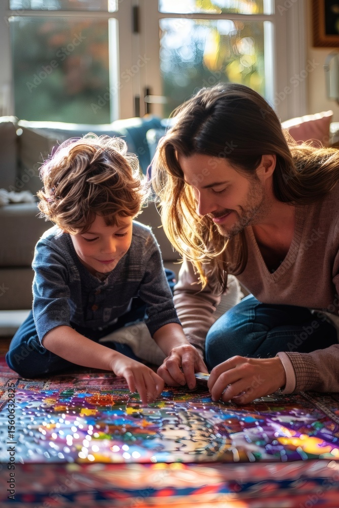 Fototapeta premium In the living room, parents and children are working on a puzzle together