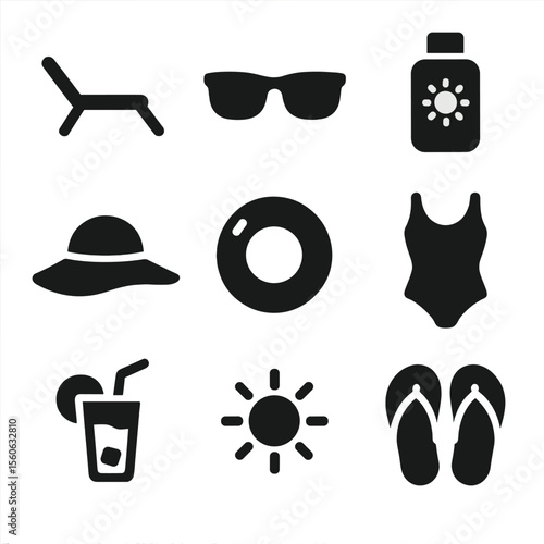 Summer Essentials Icons. Solid, filled icon set of sunbathe by the pool in June: sun lounger, sunglasses, sunscreen bottle,