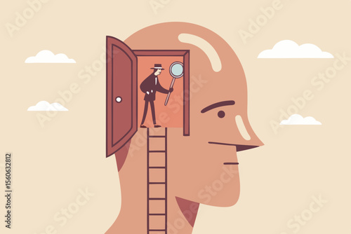 Psychology and mindset, deep mind thinking or mental health diagnose, intelligence brain or depression, emotion or cognitive concept, detective man climb up to human brain investigating problem.