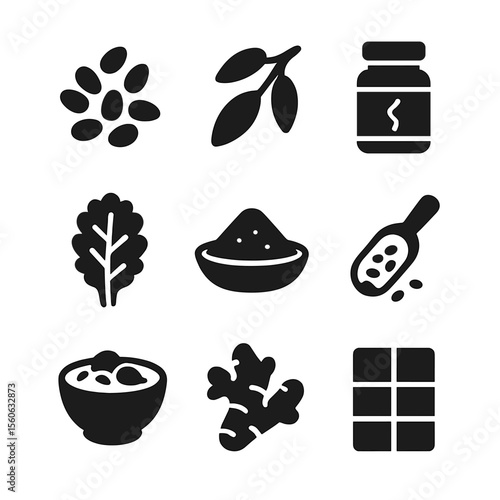 Superfood Icons Grid. Solid, filled icon set of superfoods: chia seeds, goji berries, spirulina jar, kale leaf, matcha powder,