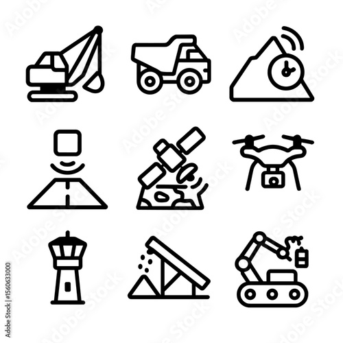 Surface Mining Icons. Solid, filled icon set of Surface mining innovations: dragline excavator, dump truck, slope stability