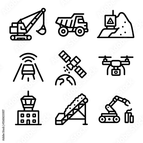 Surface Mining Icons. Solid, filled icon set of Surface mining innovations: dragline excavator, dump truck, slope stability