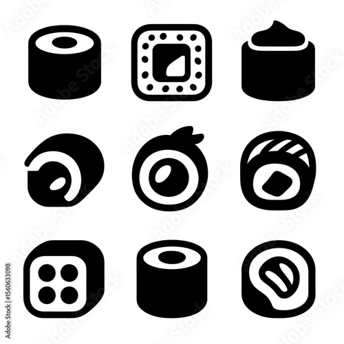 Sushi Roll Icons. Solid, filled icon set of sushi rolls: maki roll, California roll, spicy tuna roll, dragon roll, tempura roll,