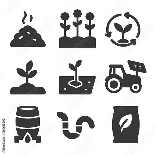 Sustainable Farming Icons. Solid, Filled icon set of sustainable farming: compost pile, cover crop, crop rotation arrows, green