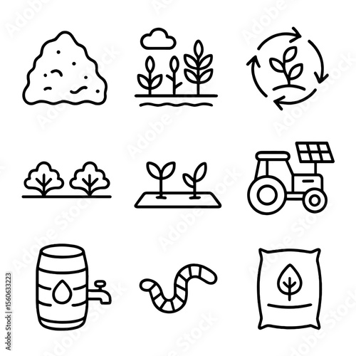 Sustainable Farming Icons. Outline icon set of sustainable farming: compost pile, cover crop, crop rotation arrows, green manure,