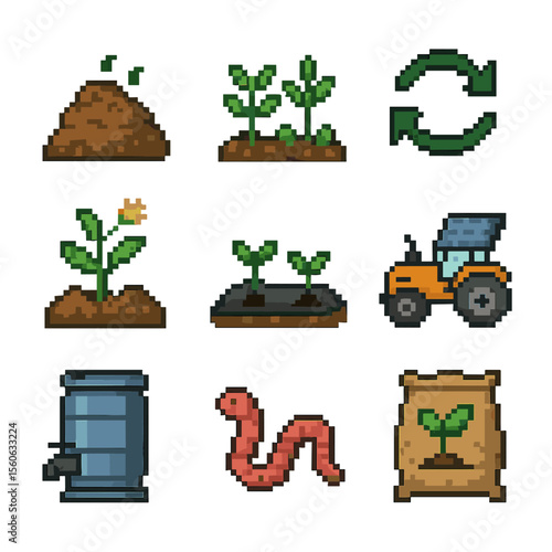 Sustainable Farming Icons. Pixel art icon set of sustainable farming: compost pile, cover crop, crop rotation arrows, green manure