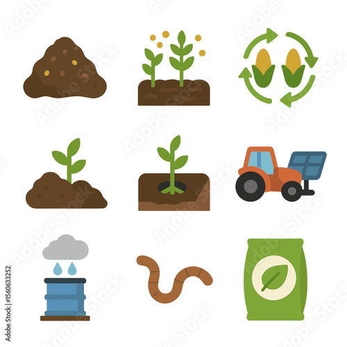 Sustainable Farming Icons. Flat icon set of sustainable farming: compost pile, cover crop, crop rotation arrows, green manure,