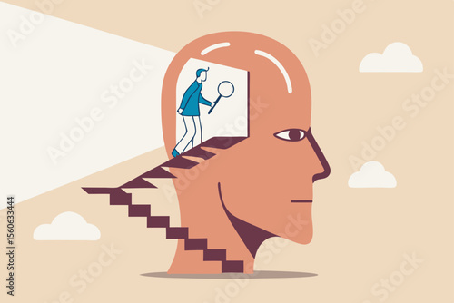 Psychology or brain analyze for human intelligence, memory, mindset or mental wellbeing, neurology or psychotherapy concept, man walk up the stair to open human head see mystery secret of human brain.
