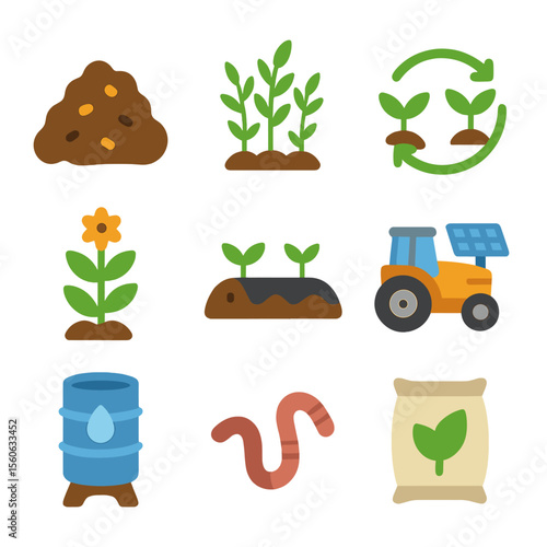Sustainable Farming Icons. Flat icon set of sustainable farming: compost pile, cover crop, crop rotation arrows, green manure,