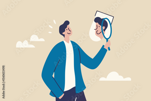 Self awareness, aware of different aspect of self, behaviors and feelings, psychology state of oneself becomes focus of attention, businessman found himself from mirror thinking about self awareness.