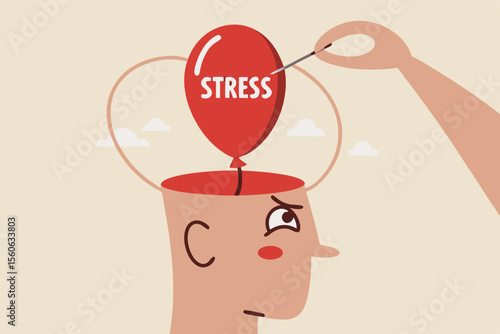 Stress management, relaxation to relieve anxiety or anger from your brain, meditation to help reduce stress concept, doctor help solve anxiety problem using needle to burst stress balloon.