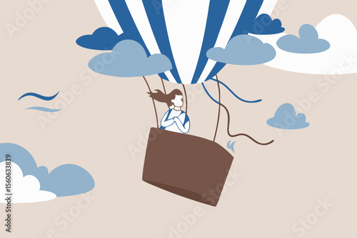 Mental health, depression or sadness, anxiety and stressed problem, work difficulty and obstacle, pessimism concept, depressed desperate and hopeless woman in falling down air balloon in thunder storm
