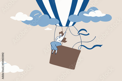 Mental health, depression or sadness, anxiety and stressed problem, work difficulty and obstacle, pessimism concept, depressed desperate and hopeless woman in falling down air balloon in thunder storm