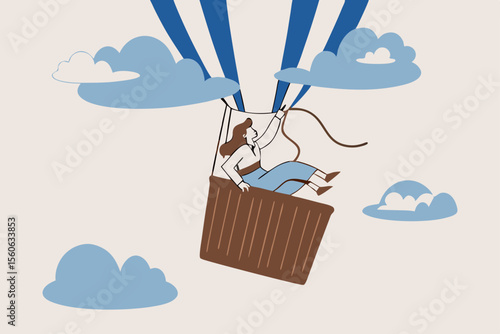 Mental health, depression or sadness, anxiety and stressed problem, work difficulty and obstacle, pessimism concept, depressed desperate and hopeless woman in falling down air balloon in thunder storm