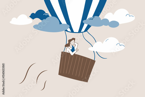 Mental health, depression or sadness, anxiety and stressed problem, work difficulty and obstacle, pessimism concept, depressed desperate and hopeless woman in falling down air balloon in thunder storm