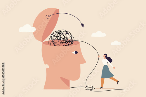 Anxiety and stress therapy, mental health treatment or psychology support, help relief anxiety or depression concept, therapist woman help eliminate chaos messy line from patient head.