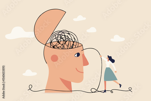 Anxiety and stress therapy, mental health treatment or psychology support, help relief anxiety or depression concept, therapist woman help eliminate chaos messy line from patient head.