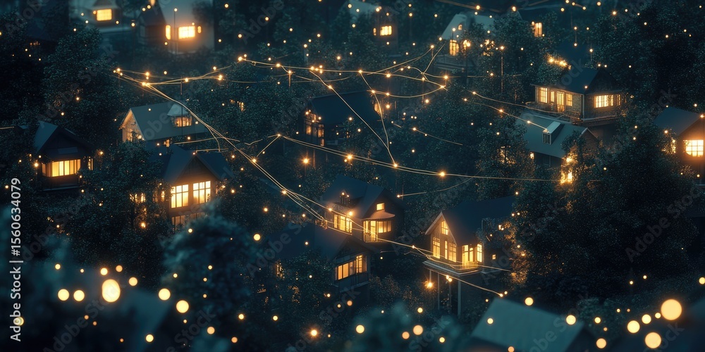 Naklejka premium Nighttime village nestled in trees, illuminated by warm lights