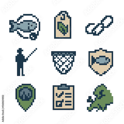 Sustainable Fishing Icons. Pixel art icon set of sustainable roe sourcing: certified fish icon, eco label, traceability chain,