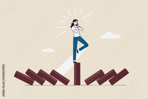 Mindfulness meditation relax to reduce stress and eliminate distraction, calm to build energy or spiritual wellness concept, success woman relax and meditating with yoga pose on standing domino.