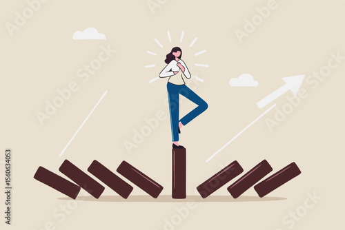 Mindfulness meditation relax to reduce stress and eliminate distraction, calm to build energy or spiritual wellness concept, success woman relax and meditating with yoga pose on standing domino.