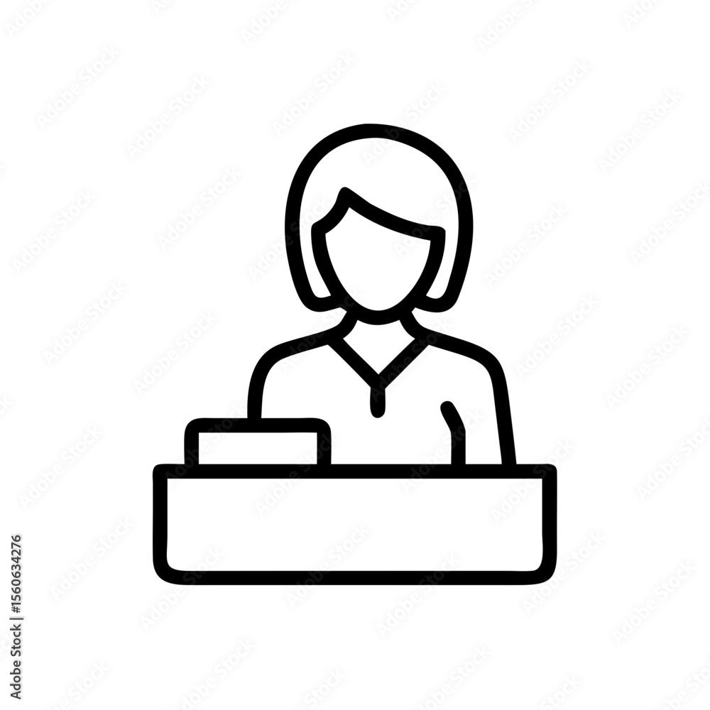 Receptionist working at a front desk behind a counter in outline style Receptionist working at a front desk behind a counter in outline style