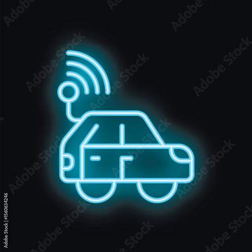 Neon blue icon of a self driving car using gps and wireless communication