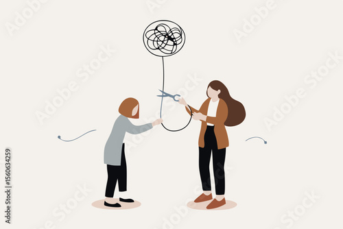 Reduce anxiety or stress, psychotherapy to cure mental health problem or depression, relaxation or relief to cure overworked concept, psychologist using scissors to cut chaos messy balloon on patient.