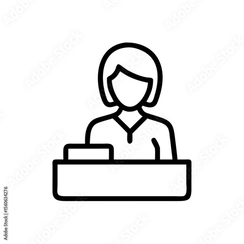Receptionist working at a front desk behind a counter in outline style  