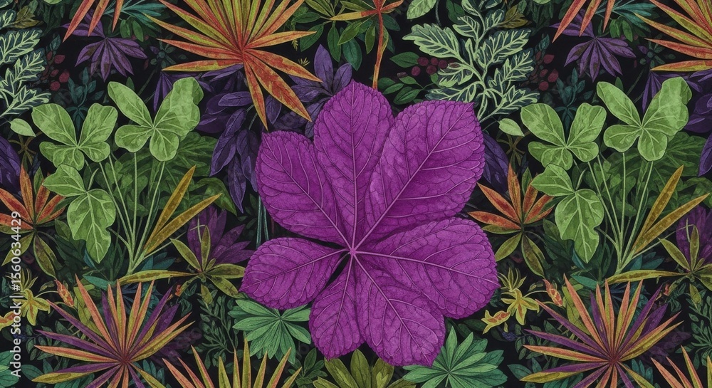 Naklejka premium Exotic Pattern Featuring a Large Purple Leaf Surrounded by Lush Greenery and Tropical Foliage